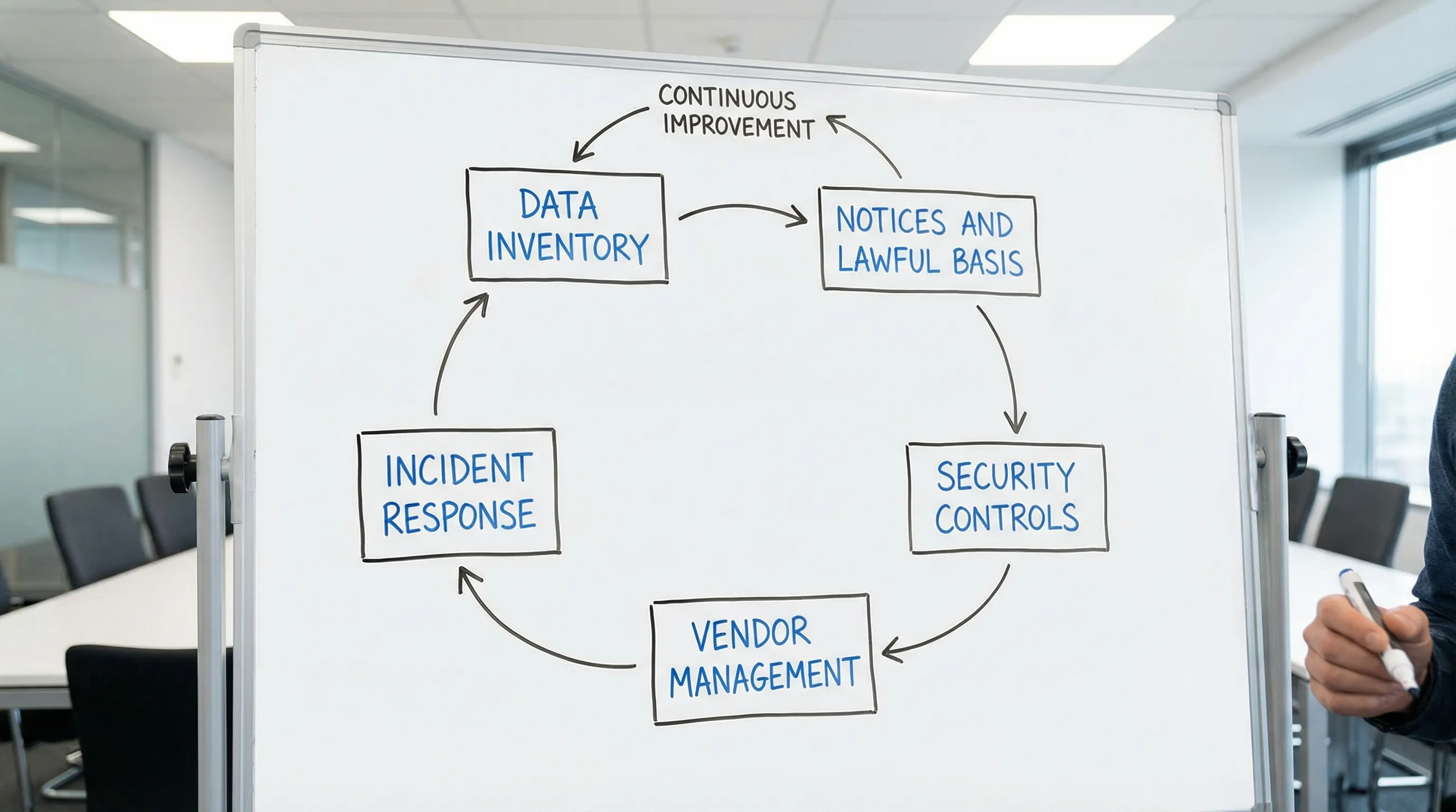 A simple flow diagram showing a privacy compliance operating model with five boxes: Data inventory, Notices and lawful basis, Security controls, Vendor management, Incident response. Arrows connect the boxes in a loop to show continuous improvement.