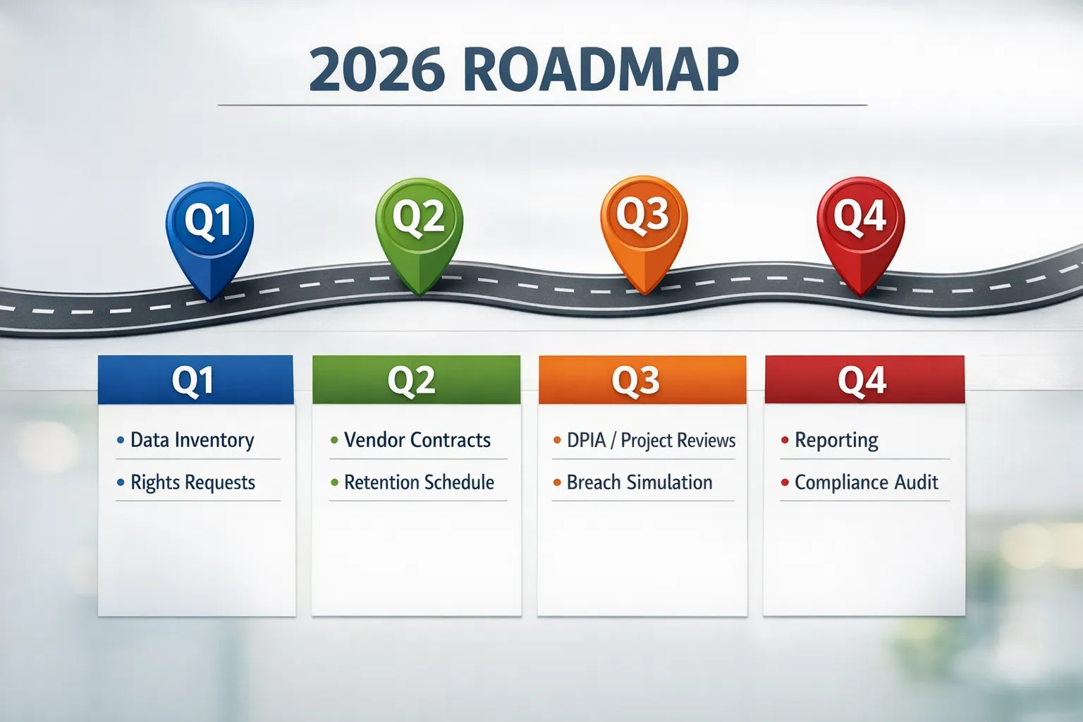 A simple roadmap graphic showing a 2026 timeline split into Q1, Q2, Q3, Q4 with key privacy compliance deliverables under each quarter: data inventory, rights requests, vendor contracts, retention schedule, DPIA/project reviews, breach simulation, an...
