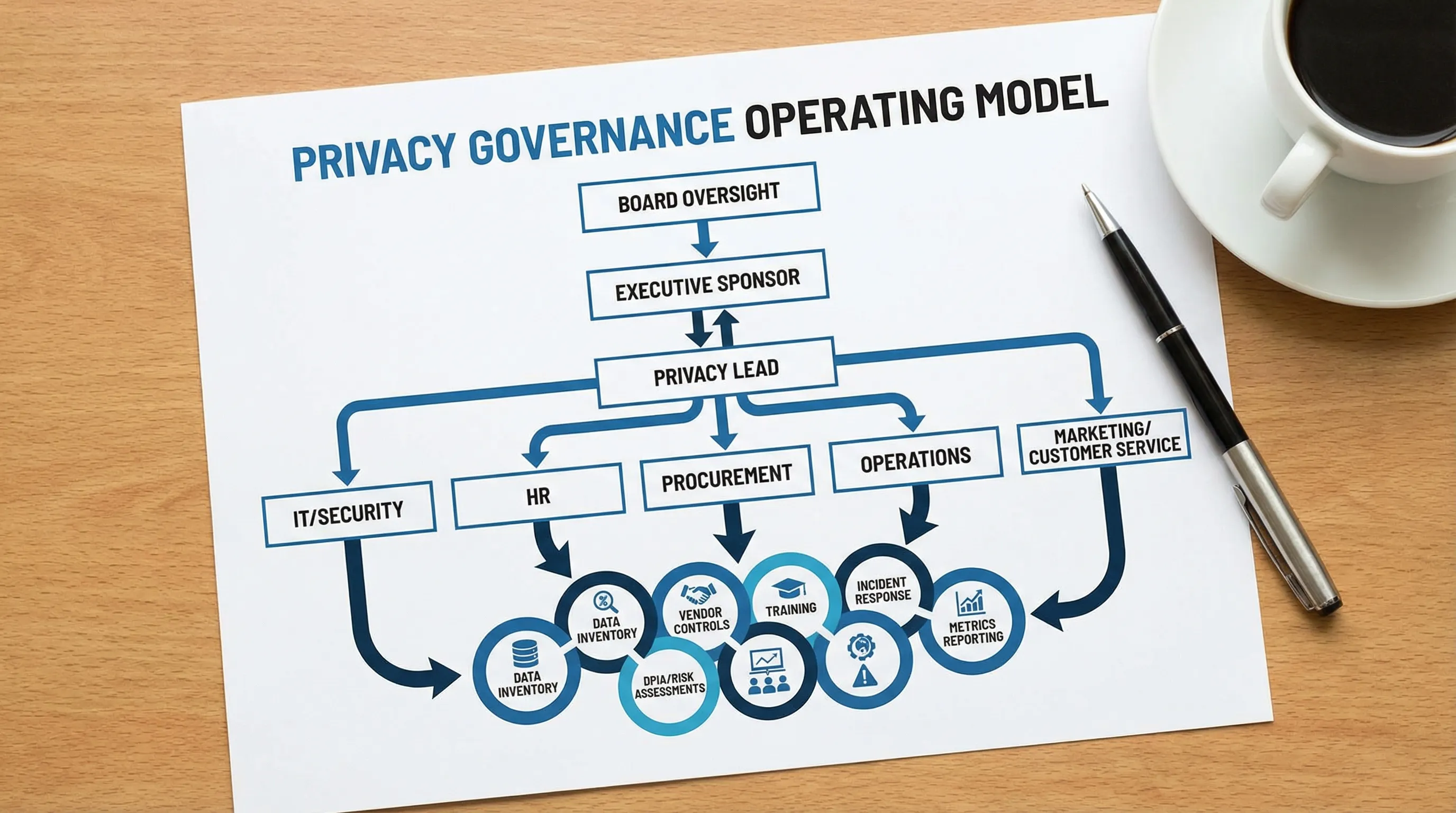 A simple privacy governance operating model diagram showing Board oversight at the top, an executive sponsor and privacy lead in the middle, and key functions (IT/security, HR, procurement, operations, marketing/customer service) connected with arrow...