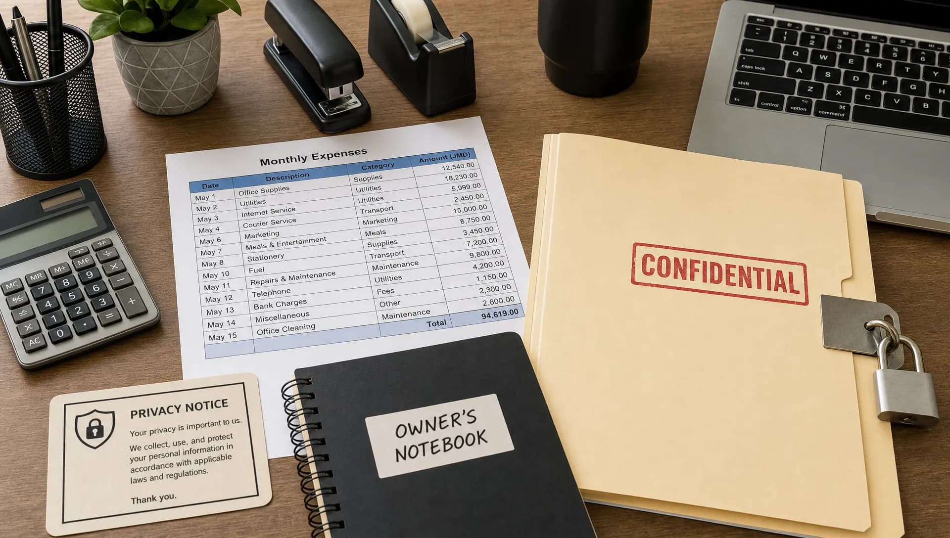 A desk workspace shows a printed spreadsheet, a locked file folder, an owner notebook, and a privacy notice card.