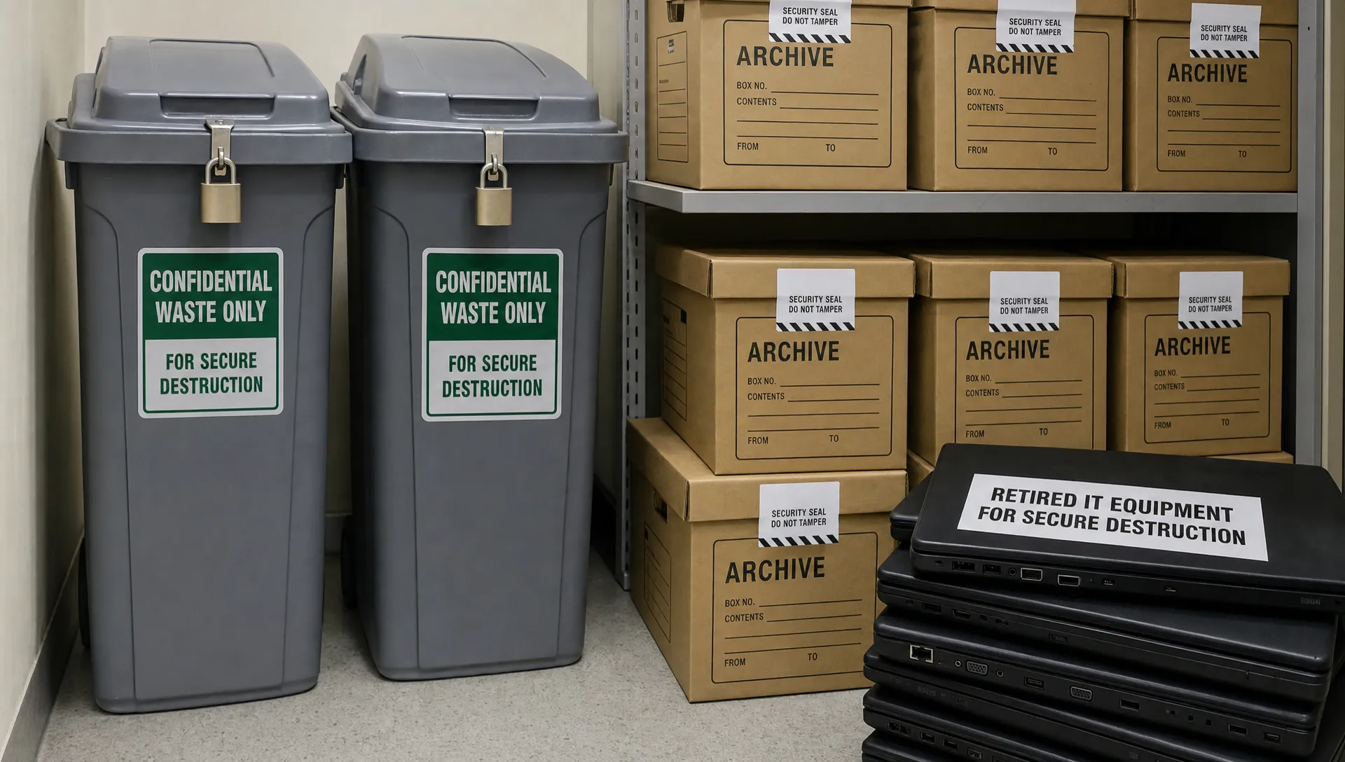 Locked confidential waste bins beside sealed archive boxes and retired laptops staged for secure destruction in a records room.