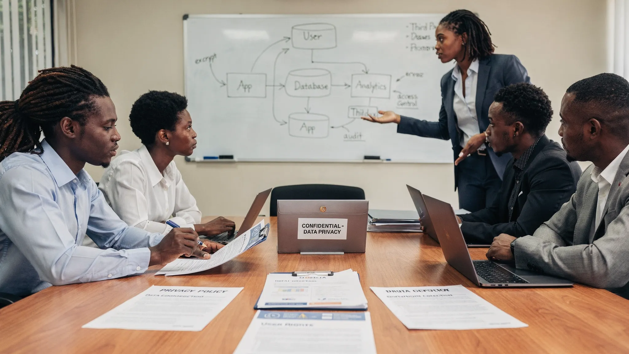 A Jamaican office team in a meeting room reviewing printed privacy policy drafts and a data flow diagram on a whiteboard, with laptops closed and a secure document folder on the table.