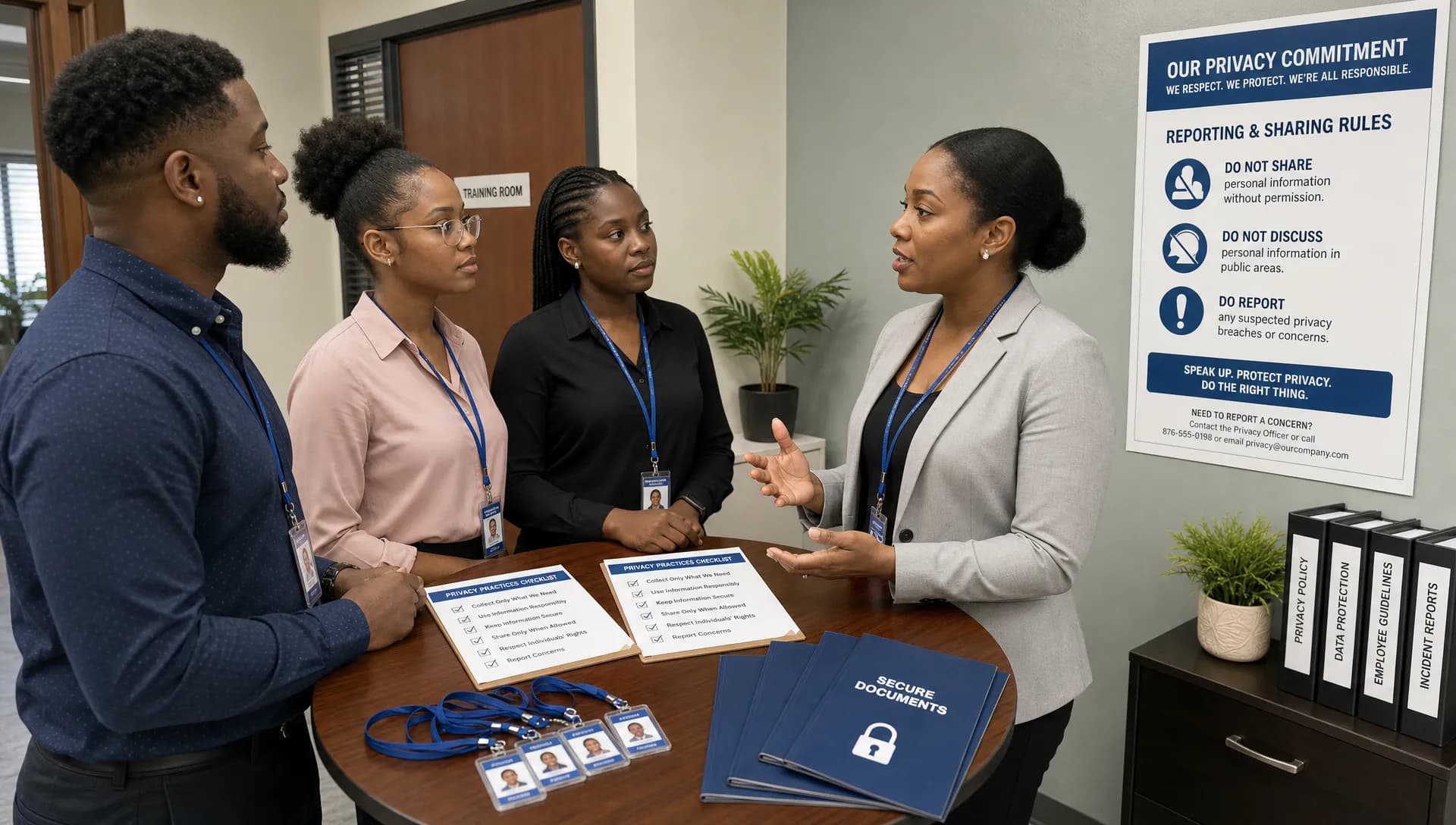A small onboarding session where a trainer discusses privacy practices with new employees at a standing table, with printed checklists, ID badges and secure document folders visible beside a wall notice about reporting and sharing rules.