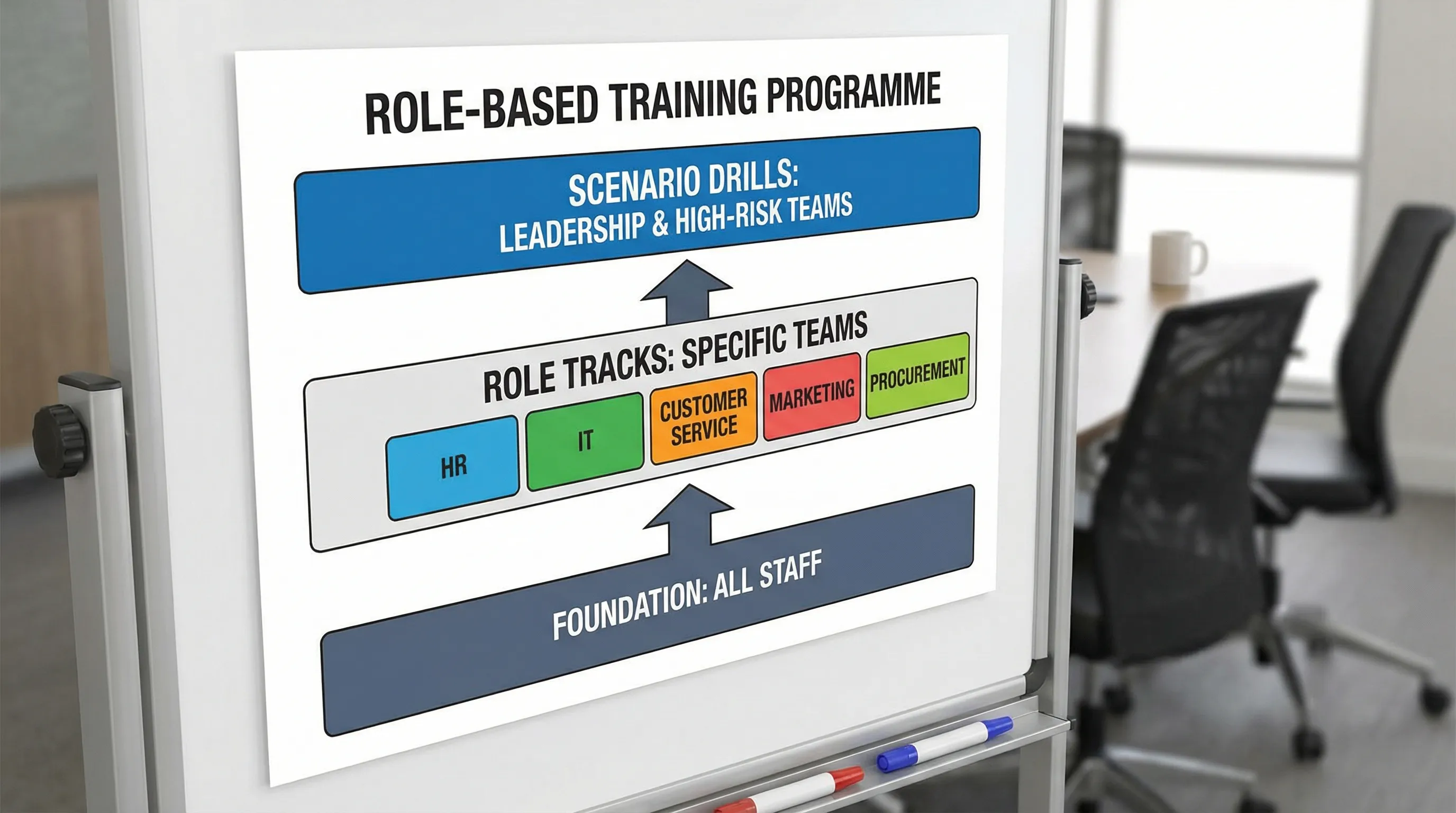 A simple diagram showing three layers of a role-based training programme: Foundation for all staff, Role Tracks for specific teams (HR, IT, Customer Service, Marketing, Procurement), and Scenario Drills for leadership and high-risk teams.