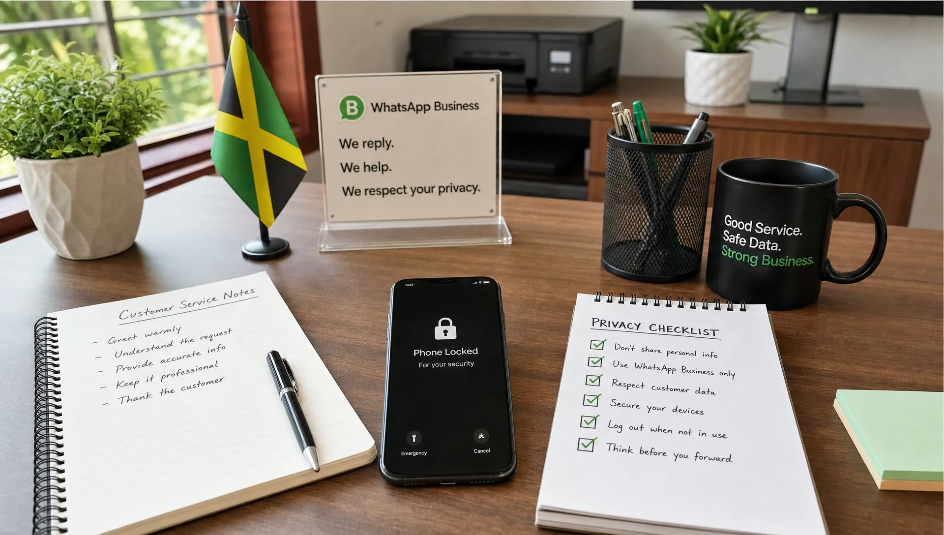 A tidy business desk with a locked smartphone, a privacy checklist, customer service notes, and a small Jamaican office setting representing controlled WhatsApp Business communication.