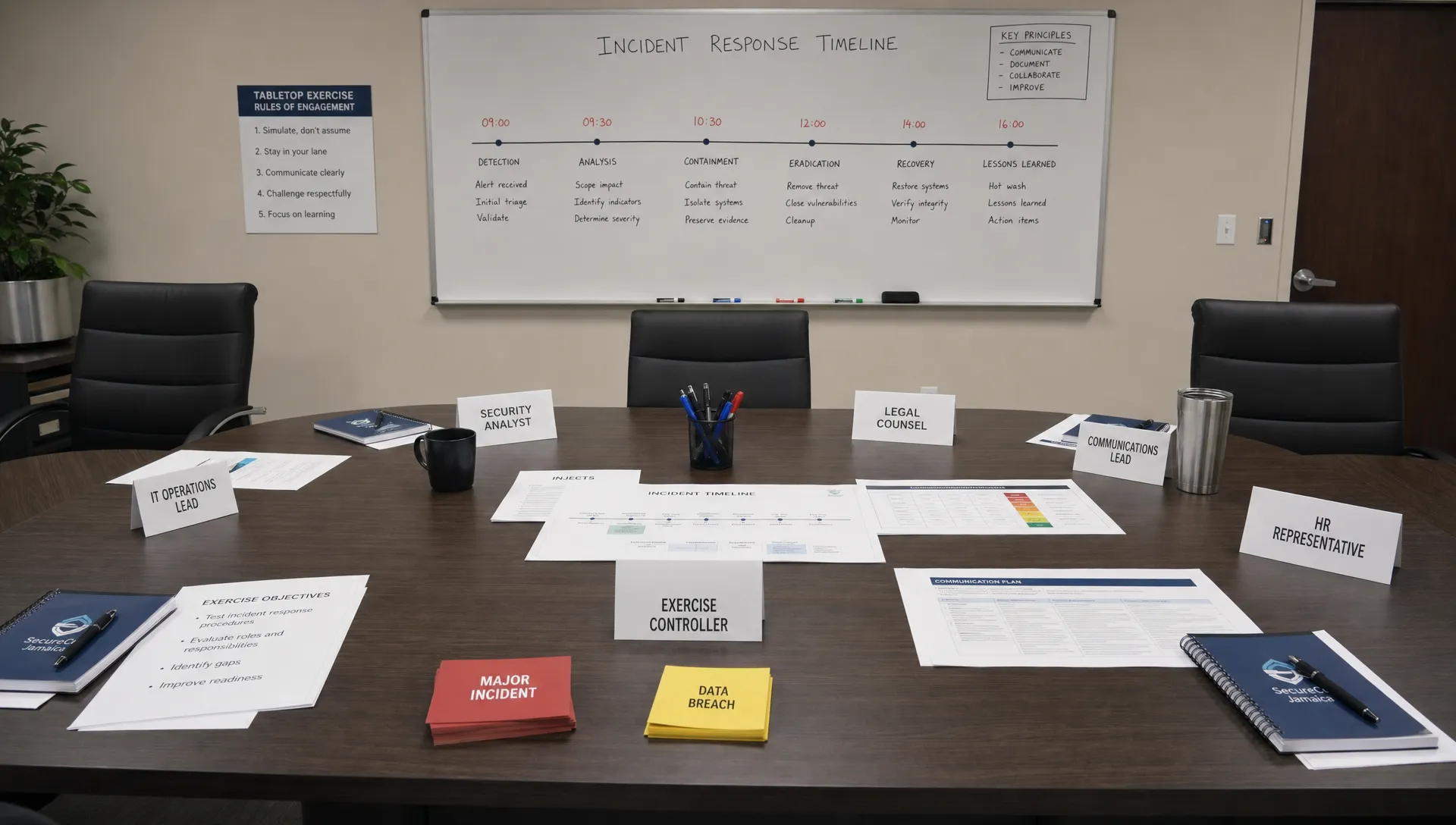 A conference room table set up for a breach tabletop exercise with printed incident timelines, role cards, notebooks, and a whiteboard showing a simple incident response timeline.