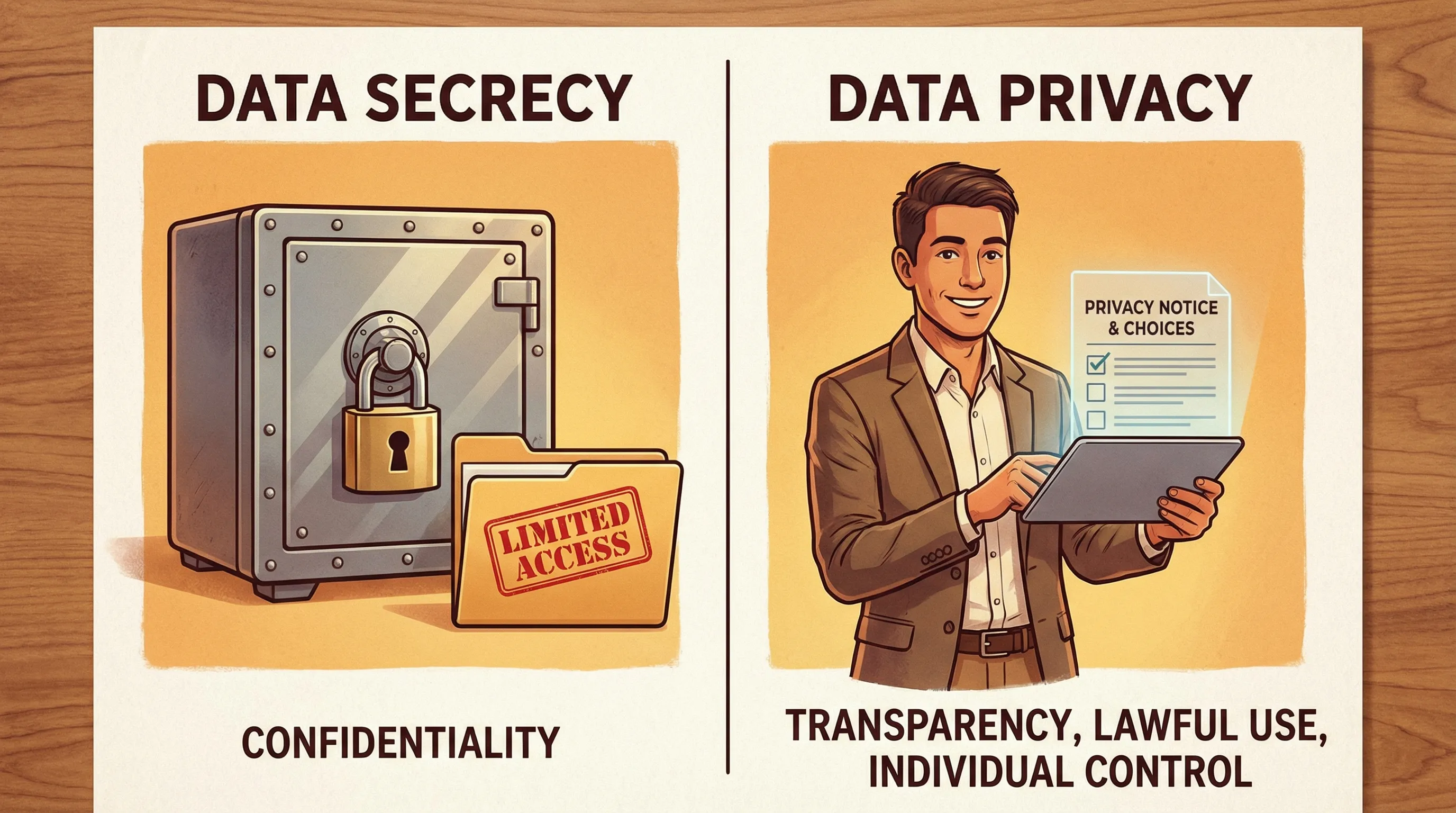 A split illustration comparing “Data Secrecy” and “Data Privacy”: on the left a locked safe and limited-access folder representing confidentiality, on the right a person reviewing a clear privacy notice and choices representing transparency, lawful u...