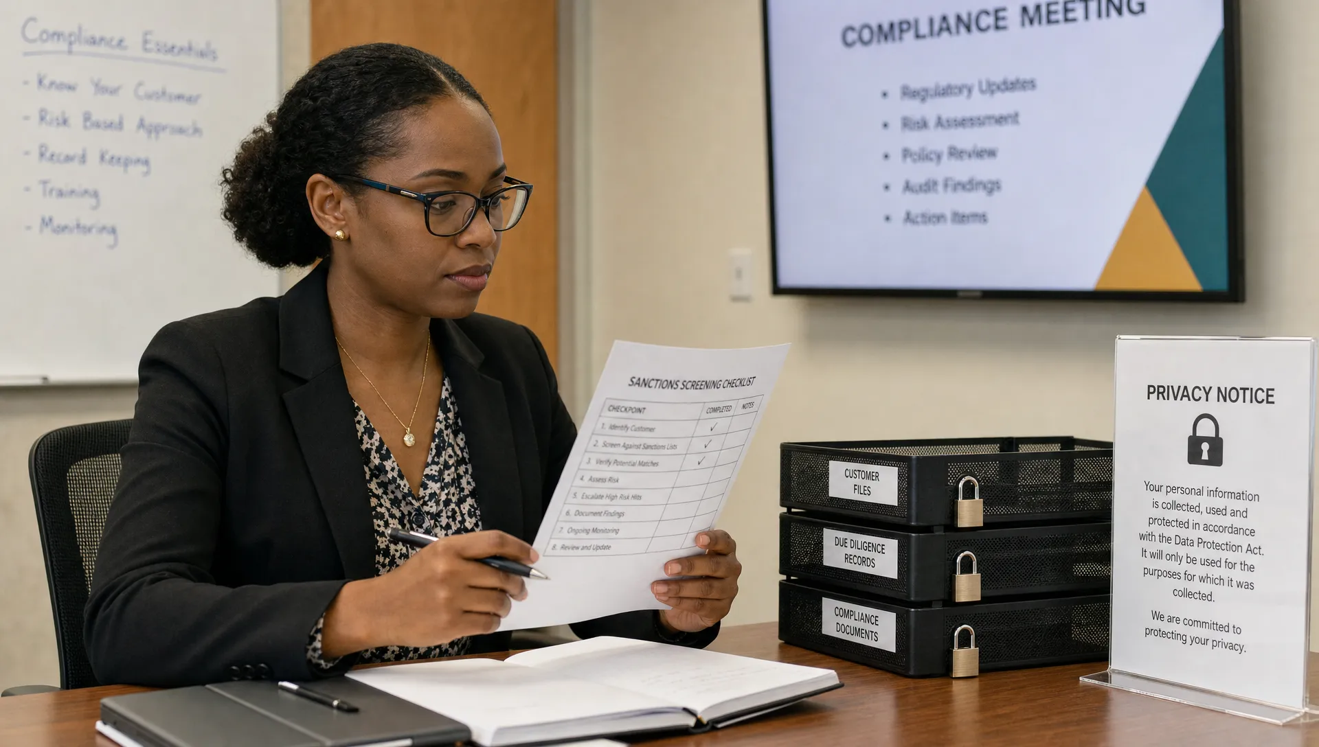 A compliance officer reviews a sanctions screening checklist beside locked filing trays and a privacy notice in a meeting room.