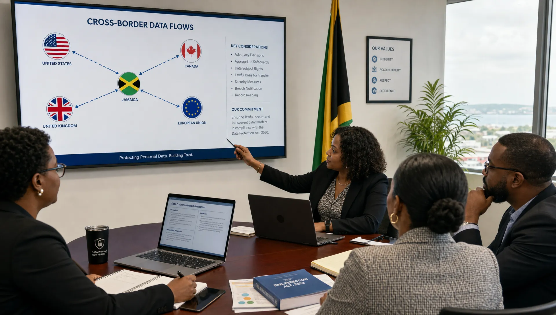 A Jamaican compliance team reviews cross-border data flows between Jamaica, the United States, Canada, the United Kingdom and the European Union.