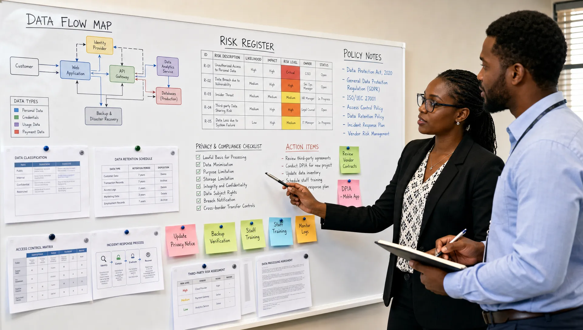 Cyber security and privacy professionals standing beside a wall board with data flow maps, risk registers, policy notes, and process documents, showing coordinated planning for data protection and compliance.