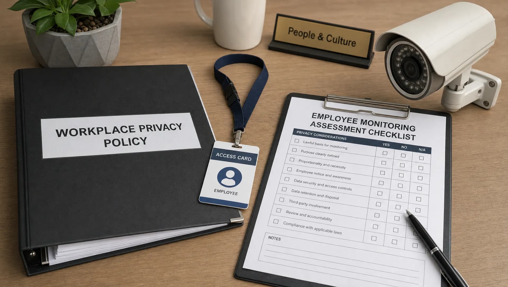 A workplace privacy review table with a policy folder, access card, CCTV camera and checklist document arranged for an employee monitoring assessment.