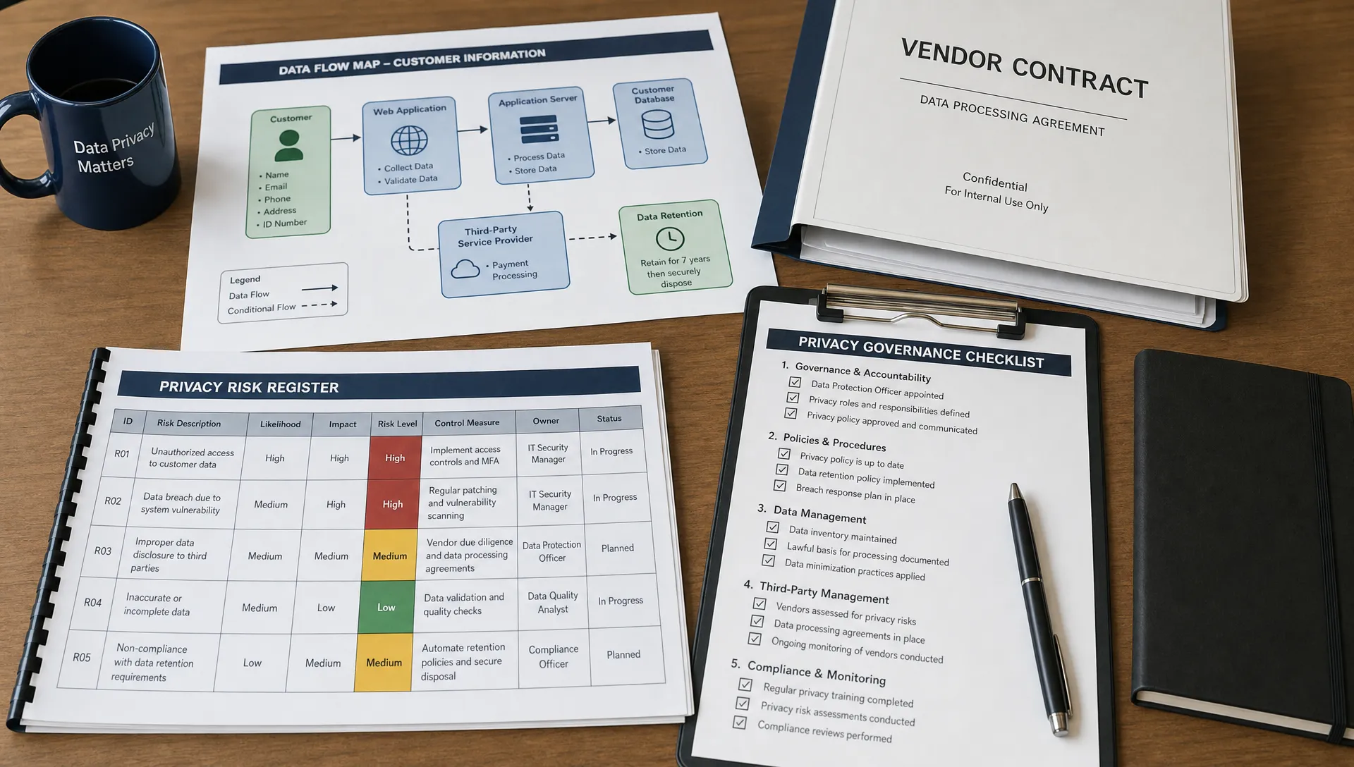 A close-up indoor scene showing privacy project documents on a working table: a data flow map, risk register, vendor contract folder, and governance checklist arranged for review during a planning session.