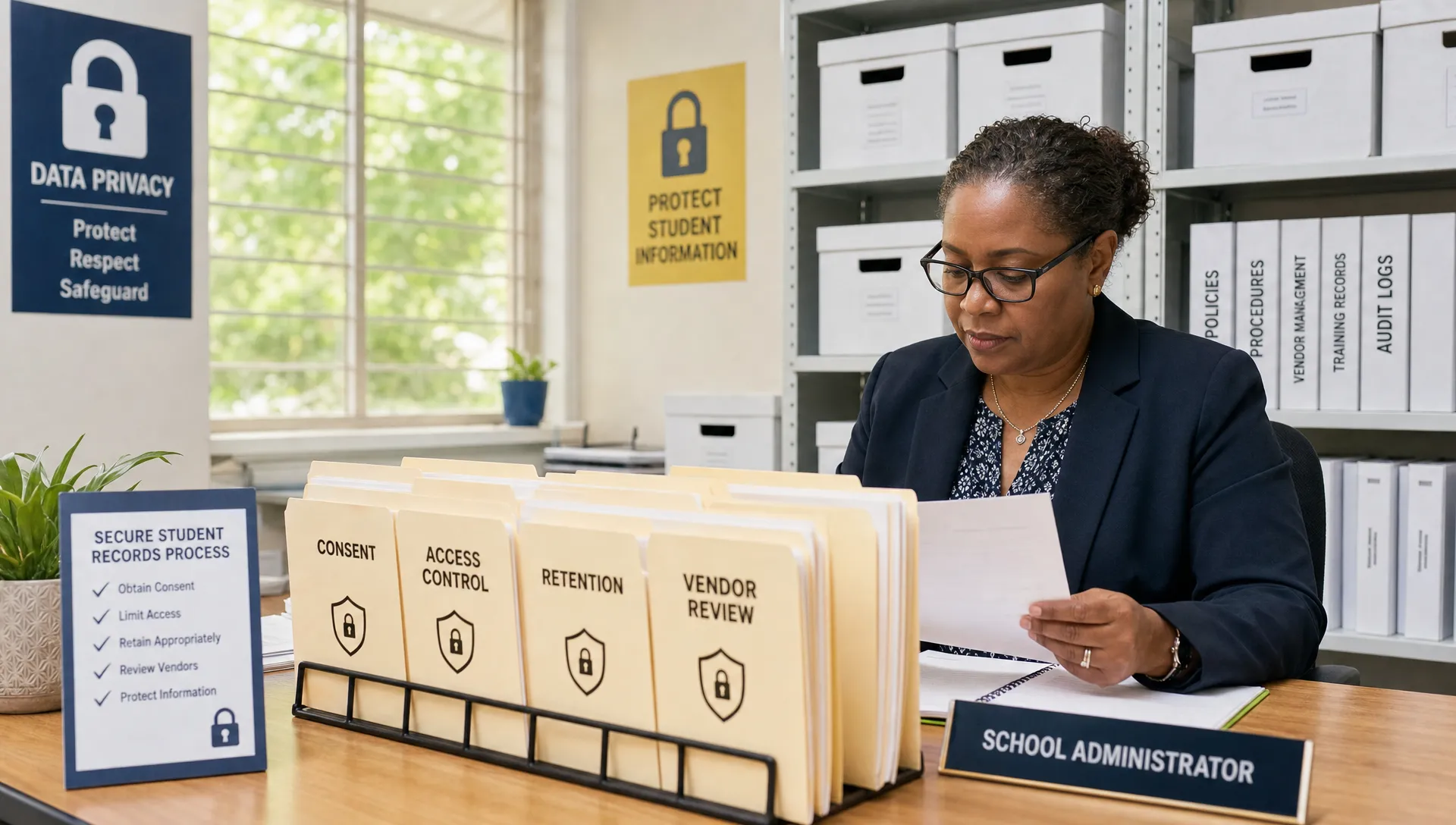 A school administrator reviewing a secure student records process with labeled folders for consent, access control, retention and vendor review in a bright records room, with no visible student names or private details.