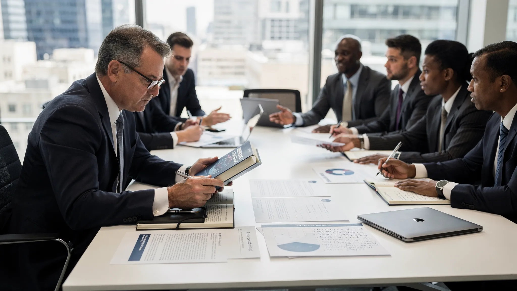 A business leader reading a privacy governance book at a conference table with printed policies, a notebook, and a small group of executives discussing data protection responsibilities.
