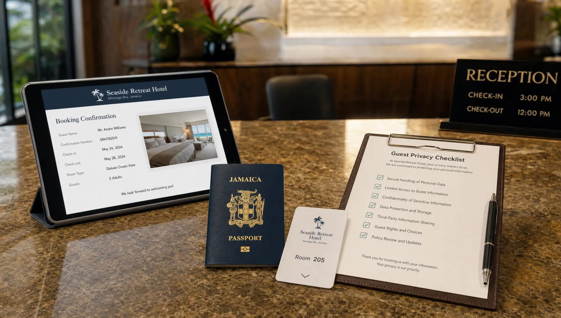 A hotel reception desk holds a passport, room key card, booking tablet, and privacy checklist beside travel documents.