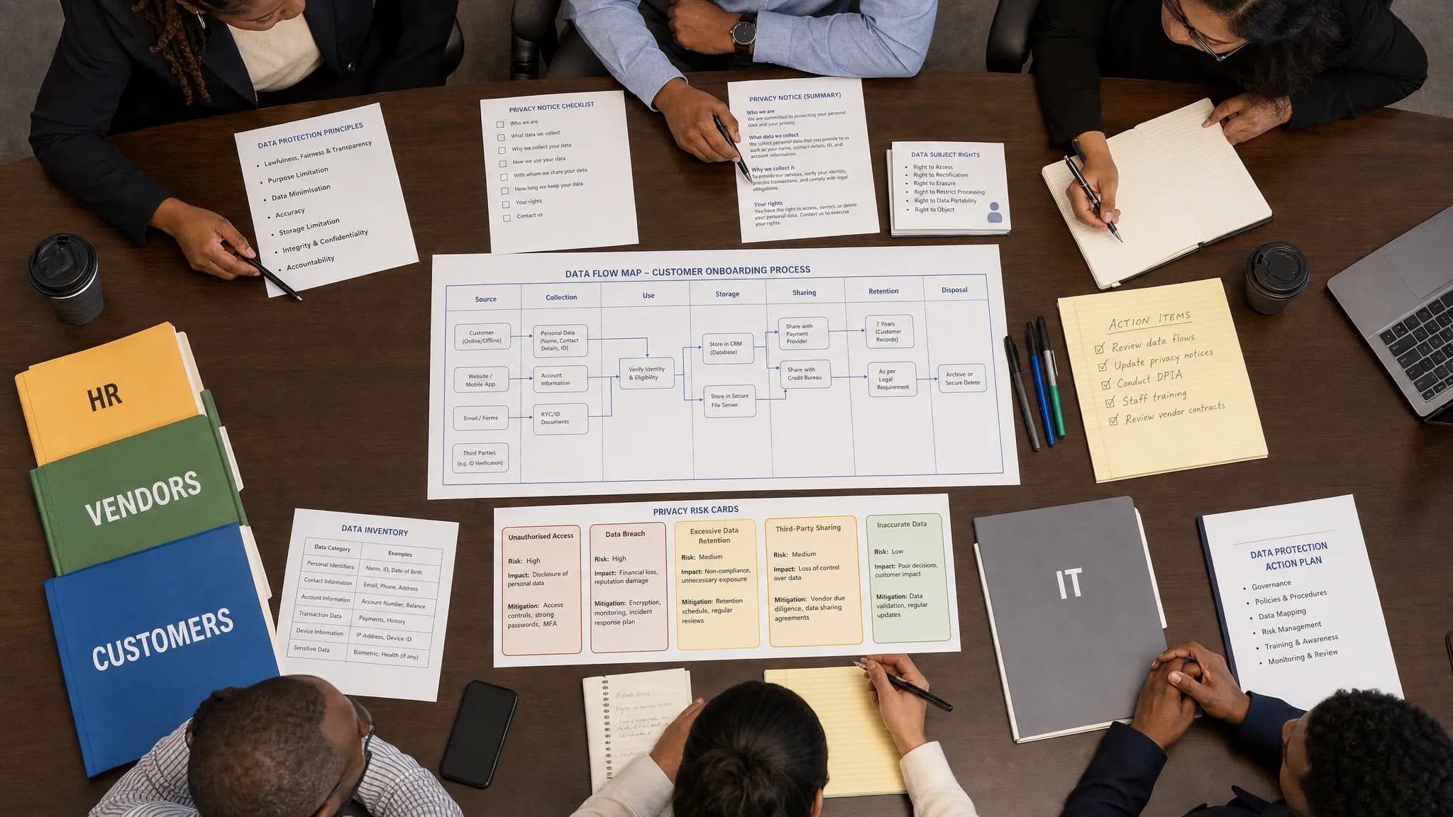 An overhead view of a conference table covered with printed data flow maps, privacy notices, risk cards, and folders labelled HR, vendors, customers, and IT, showing a practical data protection planning session.