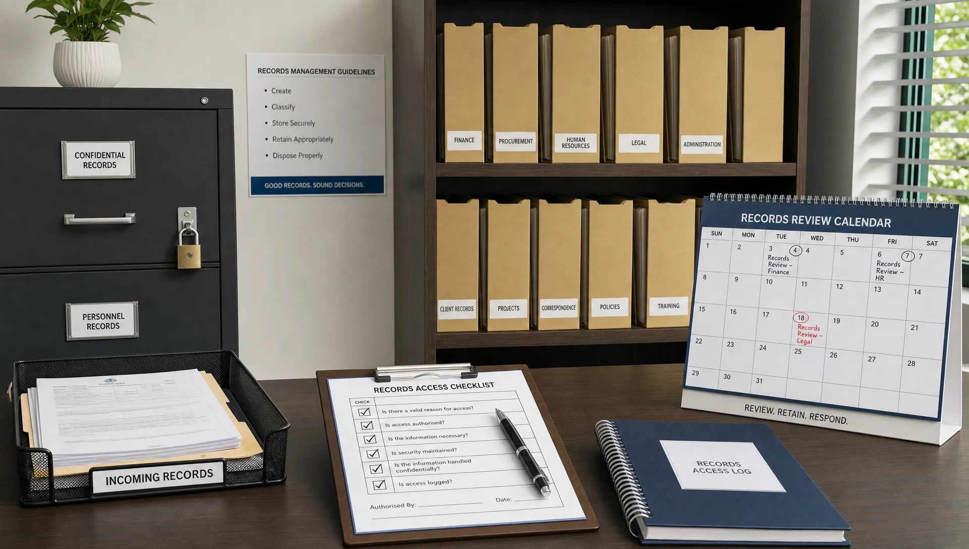 A tidy records management workspace with labelled folders, locked storage, a calendar showing review dates, and a simple access checklist on a desk.