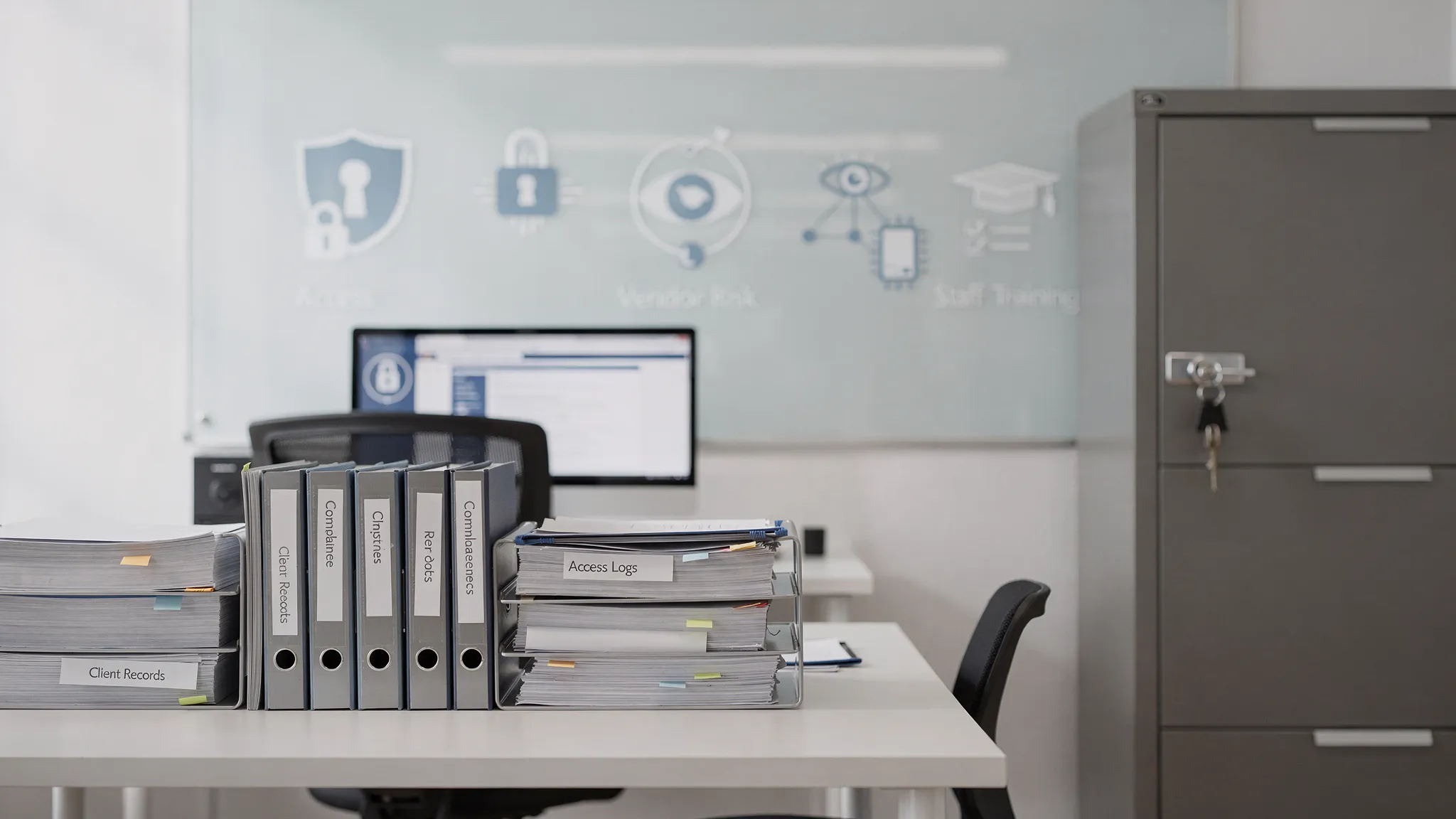 A secure office workspace with labelled records, a locked cabinet, and privacy control icons representing access management, encryption, monitoring, vendor risk and staff training.