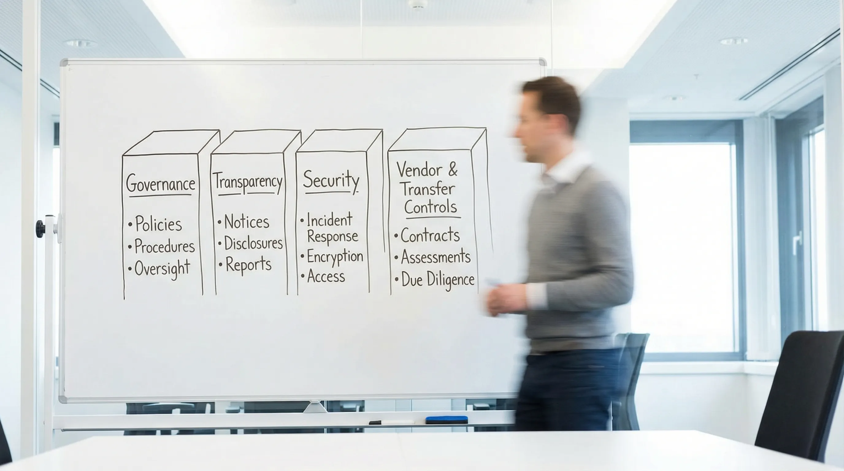 A simple four-pillar diagram labelled Governance, Transparency, Security, and Vendor & Transfer Controls, with short examples under each pillar (e.g., policies, notices, incident response, contracts).