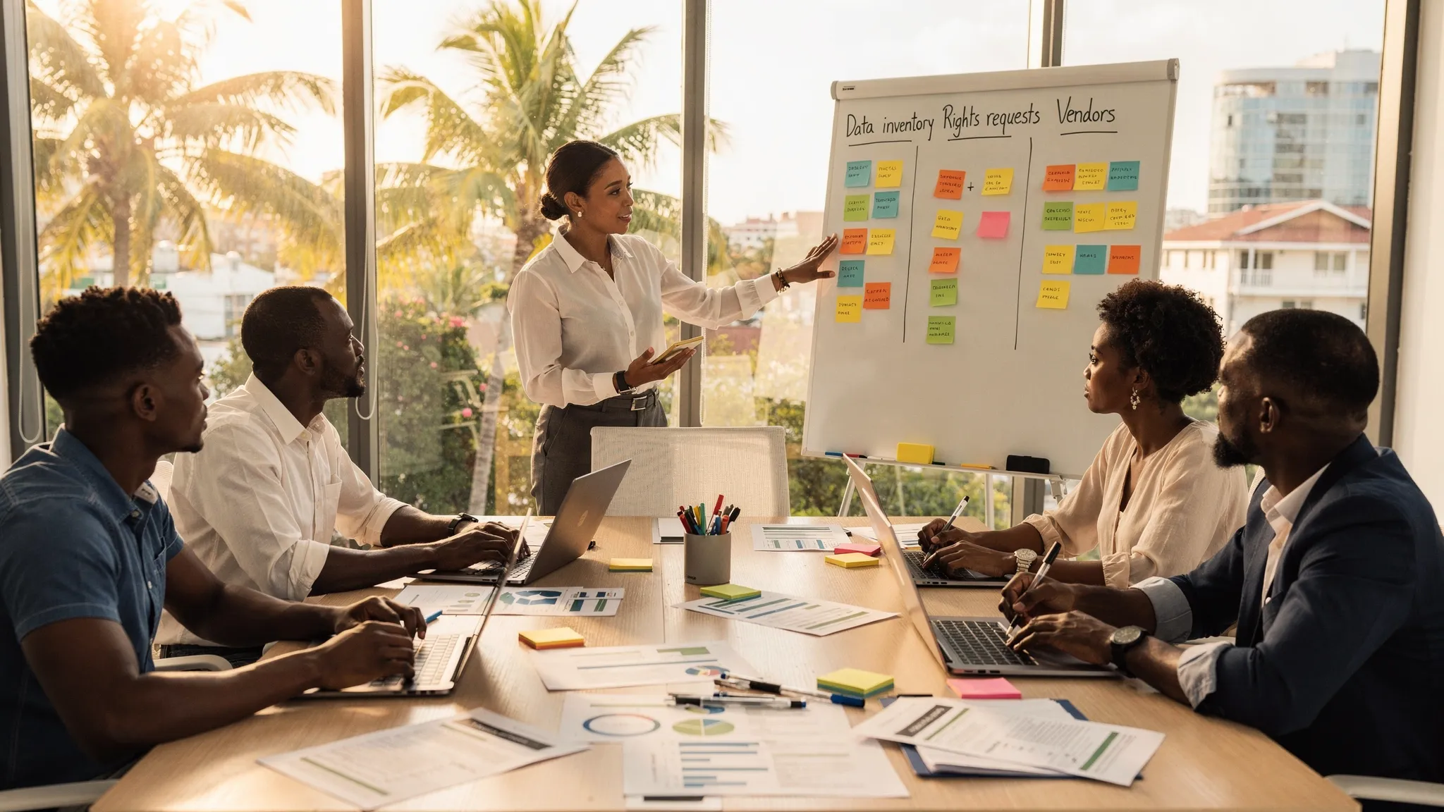 A data protection workshop in a Jamaican office setting: a small cross-functional team around a table with printed templates, sticky notes on a whiteboard labelled “Data inventory”, “Rights requests”, and “Vendors”, and one person facilitating discus...