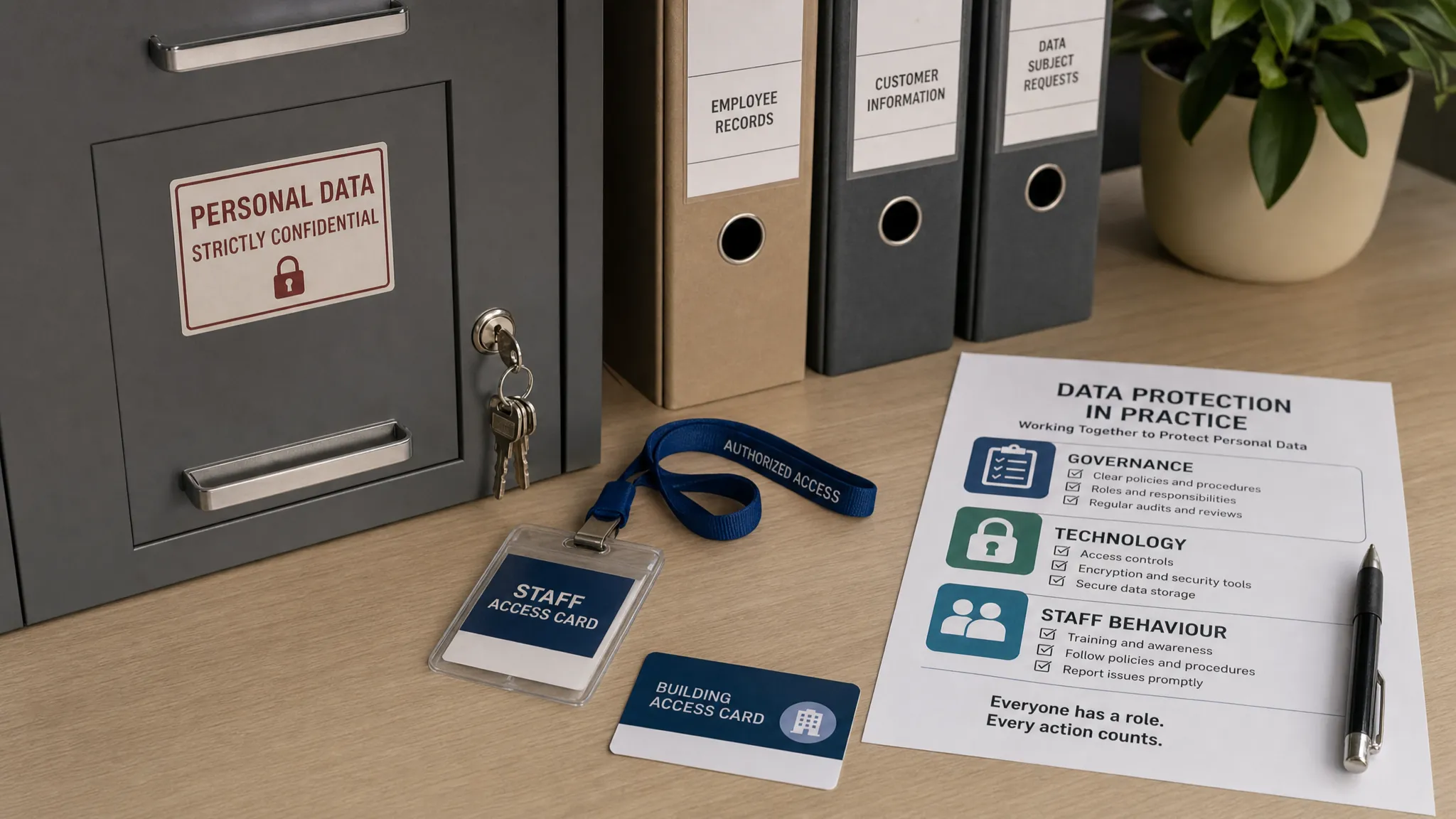 A close indoor scene of a locked filing cabinet beside access cards, labelled personal data folders, and a desk checklist showing how governance, technology, and staff behaviour support data protection.