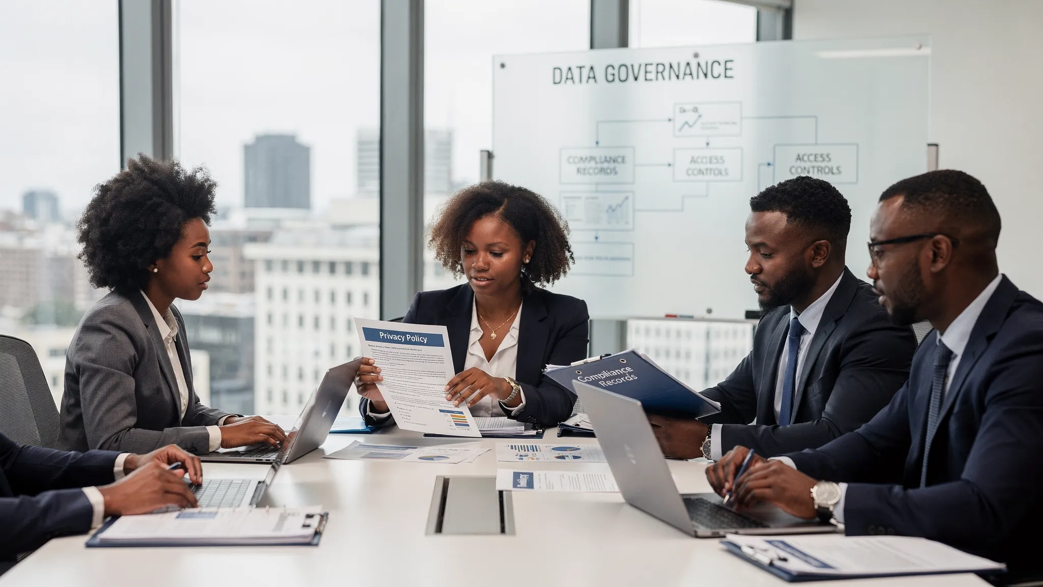 A Jamaican business team reviewing privacy documents, access controls and compliance records in a professional office setting.
