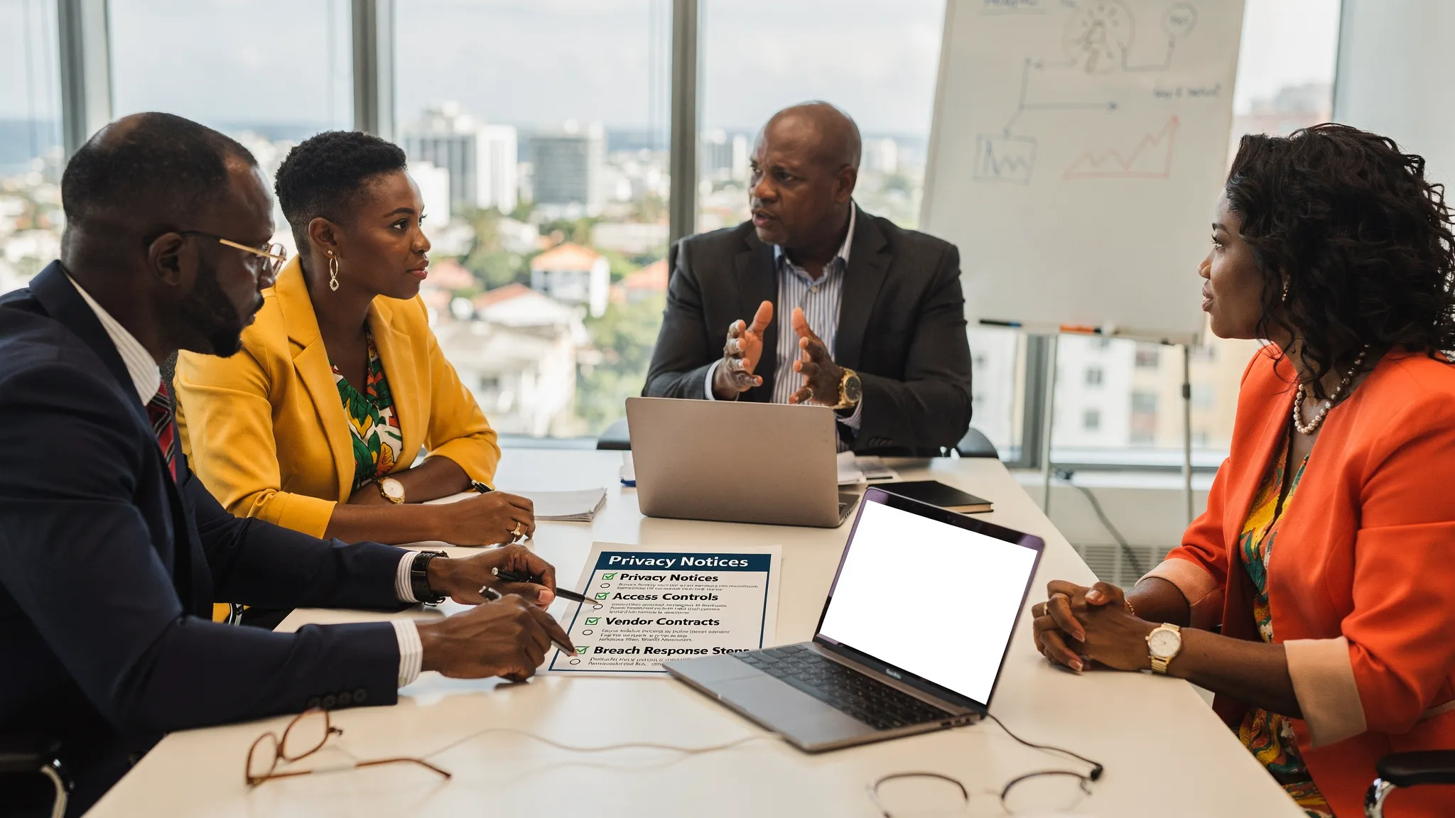 A Jamaican business team in a meeting room reviewing a printed checklist and a laptop (screen facing the team, blank content), discussing privacy notices, access controls, vendor contracts, and breach response steps.