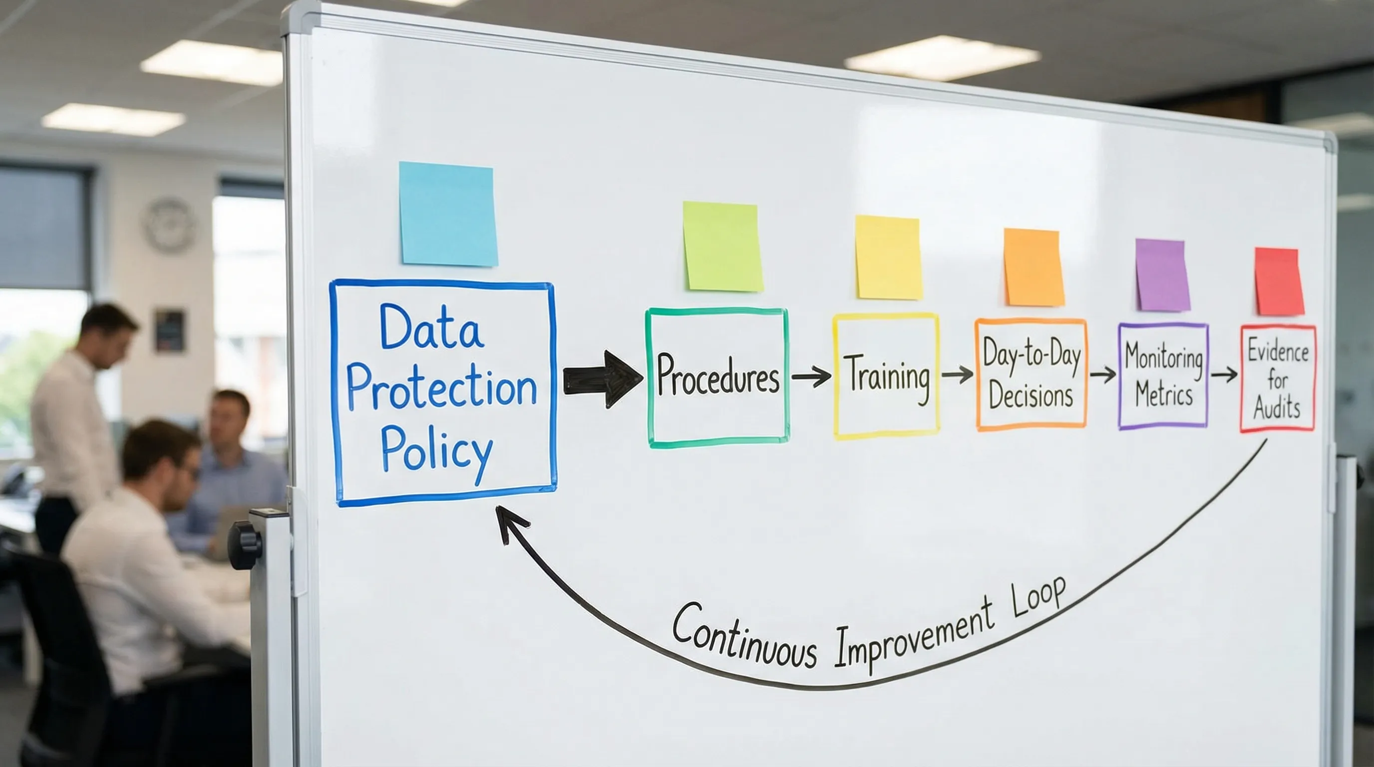 A simple flow diagram showing how a data protection policy connects to procedures, training, day-to-day decisions, monitoring metrics, and evidence for audits, with arrows forming a continuous improvement loop.