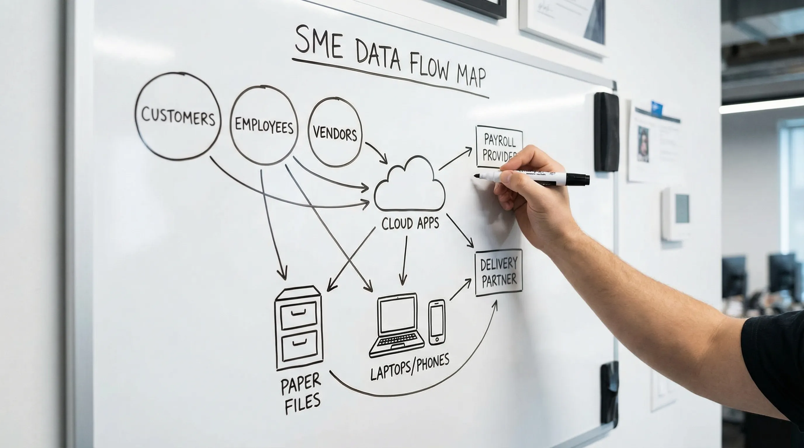 A simple “data map” illustration for an SME showing three main sources (customers, employees, vendors), three storage locations (paper files, cloud apps, laptops/phones), and arrows showing data sharing to payroll provider and delivery partner.