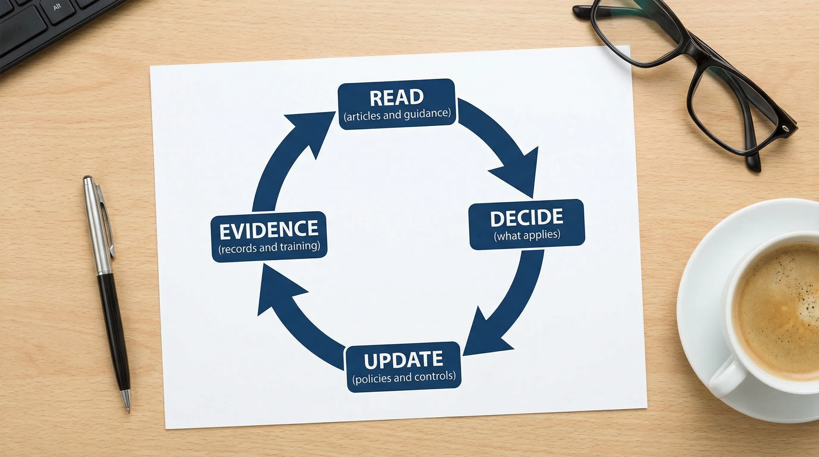 A simple diagram showing a circular compliance reading loop with four labeled steps: Read (articles and guidance), Decide (what applies), Update (policies and controls), Evidence (records and training), forming a continuous cycle.