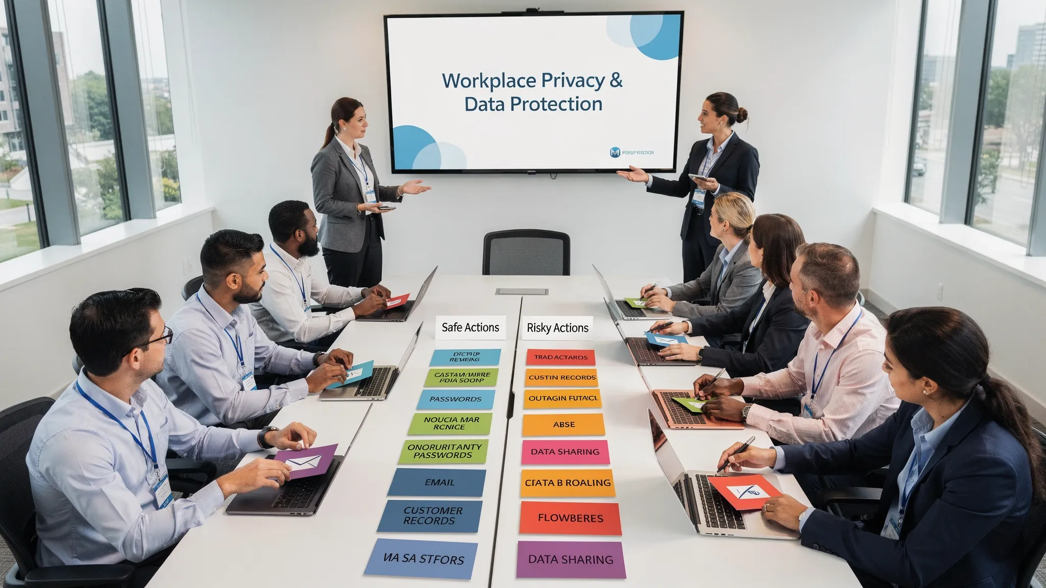 A workplace privacy awareness training session where employees sort scenario cards about emails, customer records, passwords, and data sharing into safe and risky actions.