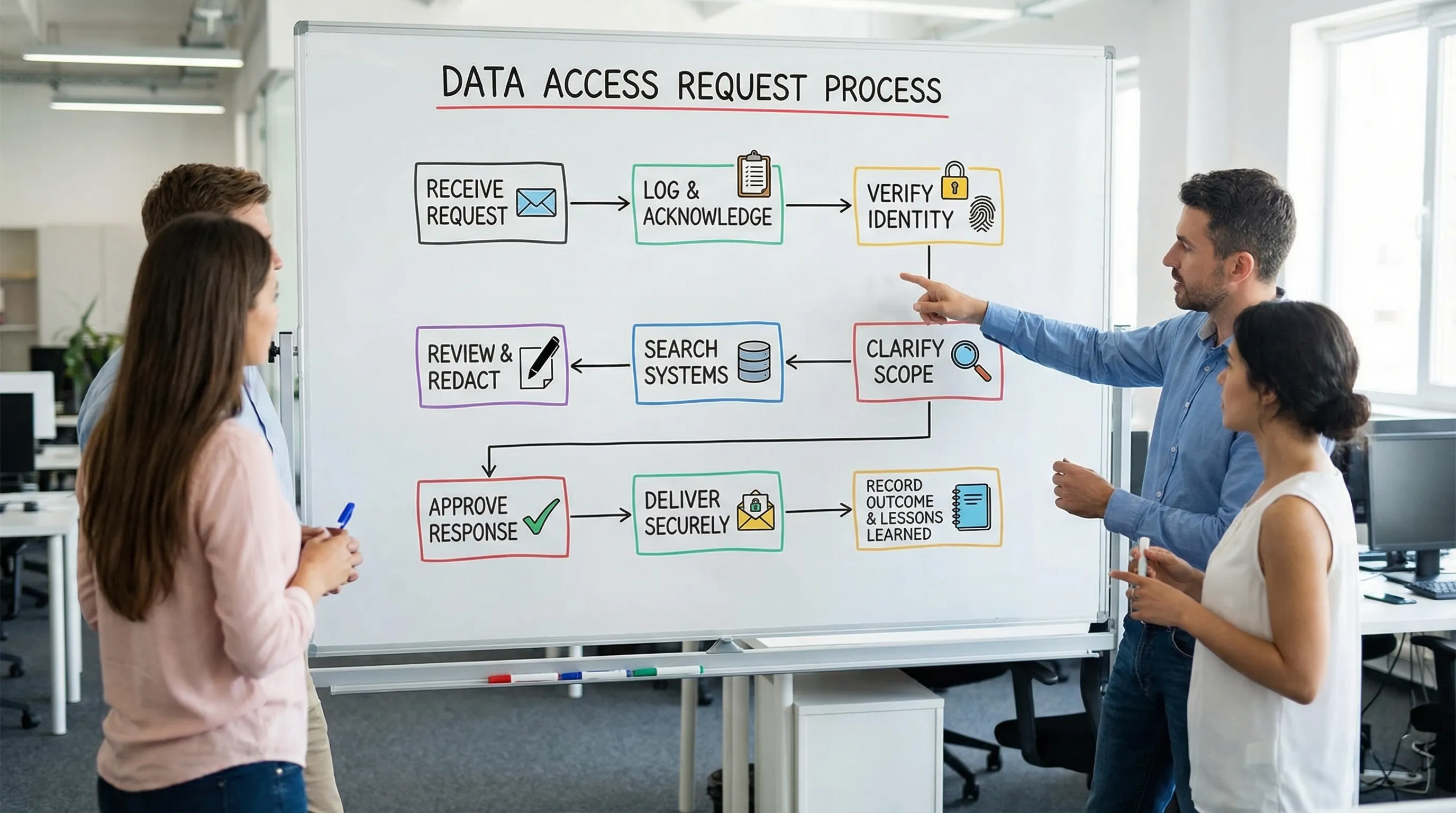 A process flow showing an access request path: receive request, log and acknowledge, verify identity, clarify scope, search systems, review and redact, approve response, deliver securely, record outcome and lessons learned.